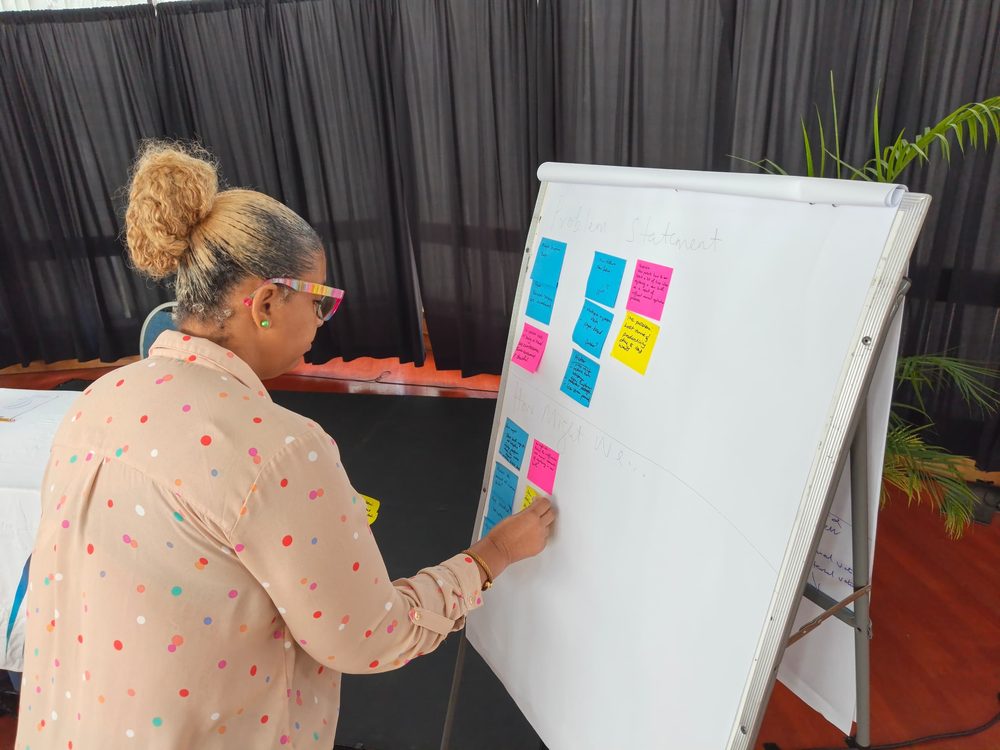 Participant placing notes on the problem statement board