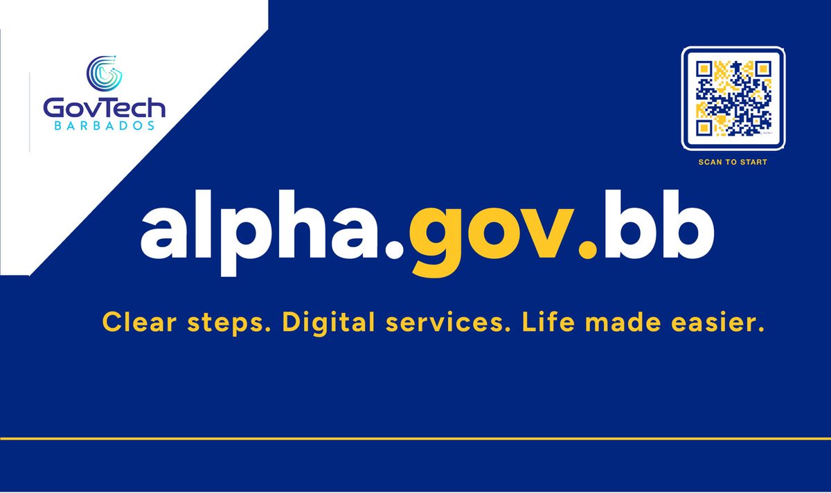 alpha.gov.bb brand panel with QR code